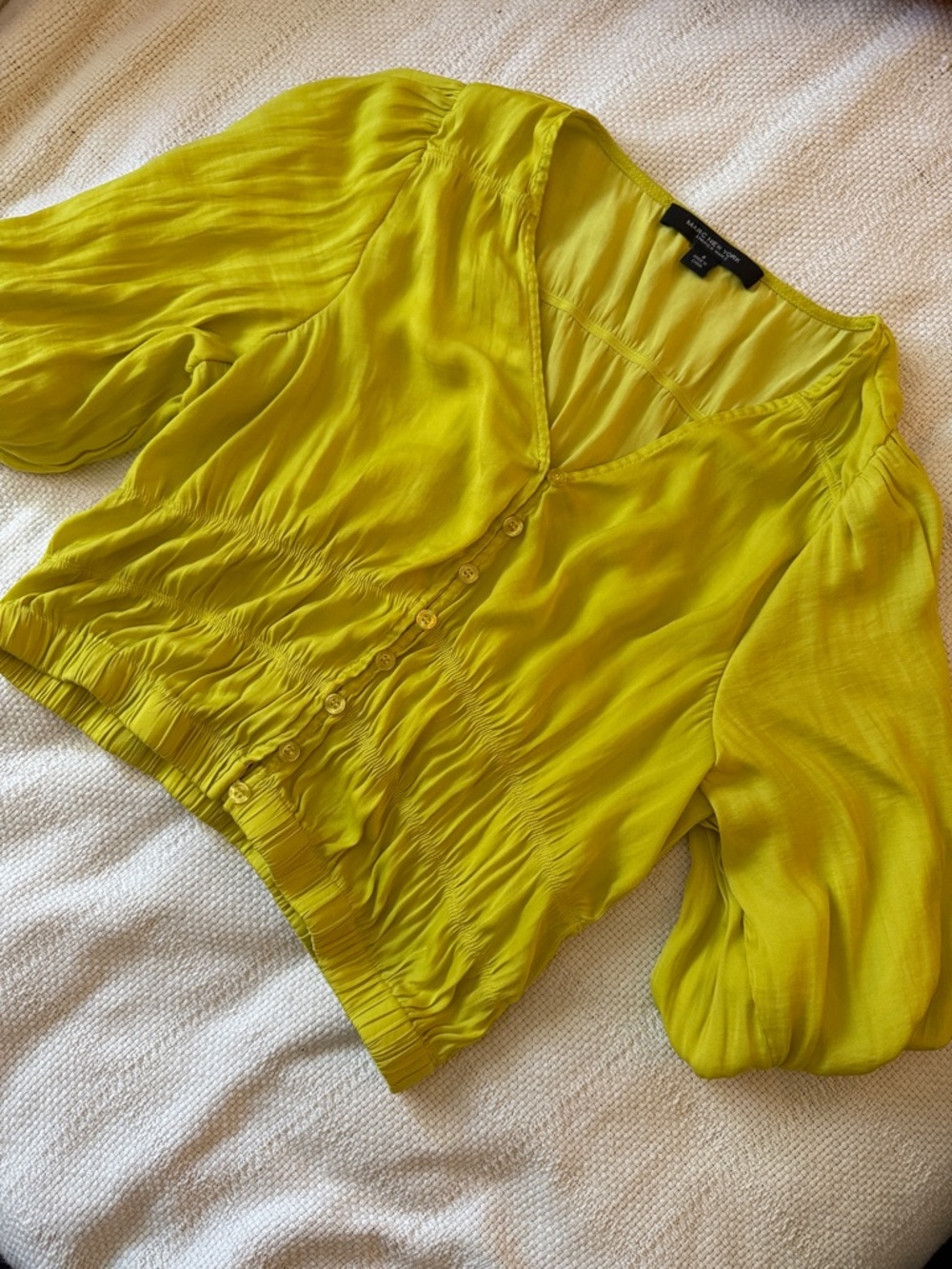 Andrew Marc Chartreuse V-Neck Button Front Peplum Blouse